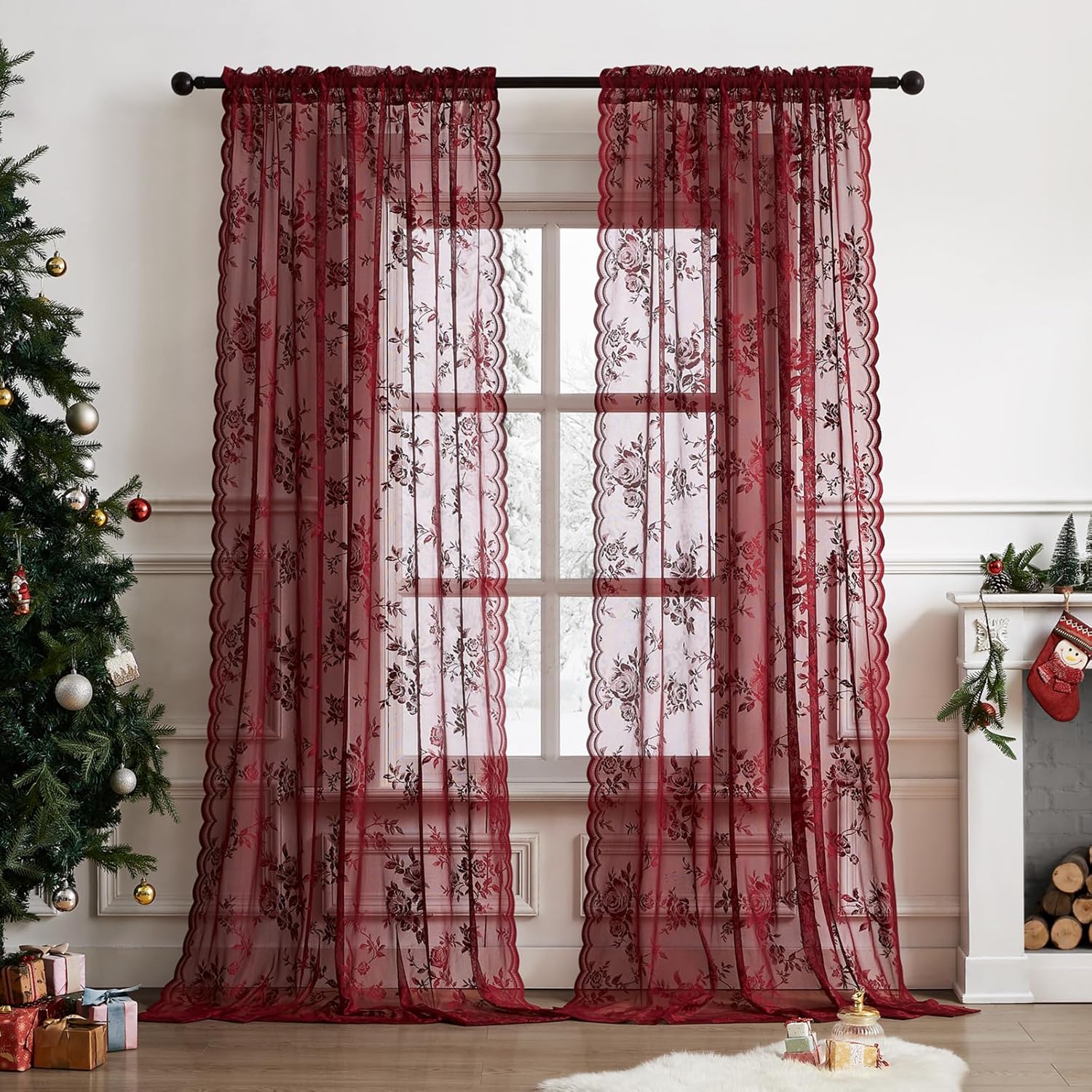 ستارة دانتيل بلون النبيذي بطول - مراجعة Curtain Rods وسعره